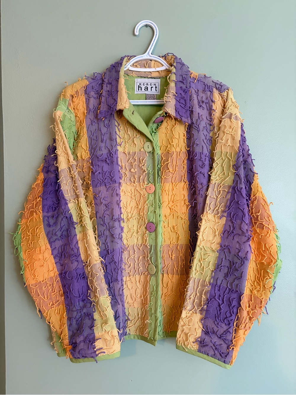 Keren Hart Shaggy Fringe Jacket XL Plaid Colorful Artsy Shacket Dopamine Rave